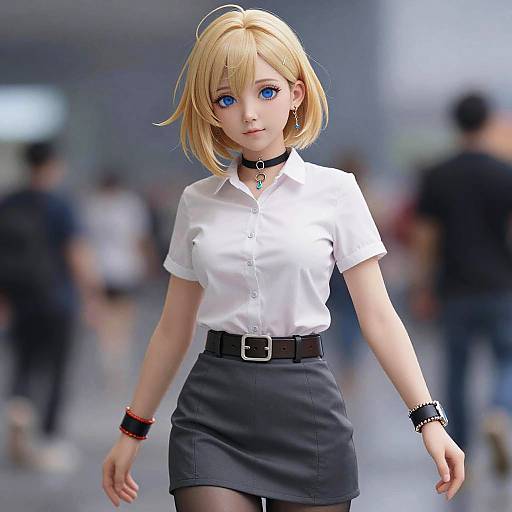 Digital anime-style photograph of a blonde woman with blue eyes, wearing a white blouse, black skirt, black belt, and bracelets, walking in a blurred
