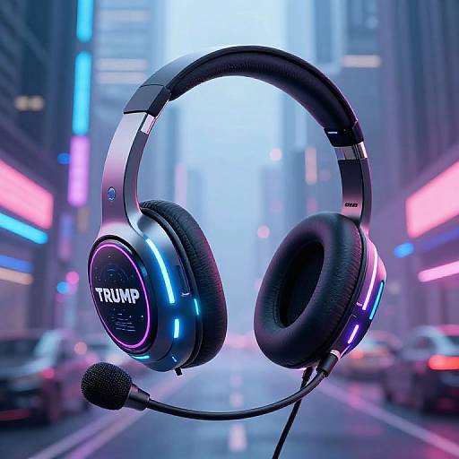 Photograph of black, silver, and purple TRRP headphones with microphone, floating in a neon-lit, futuristic city street at night.