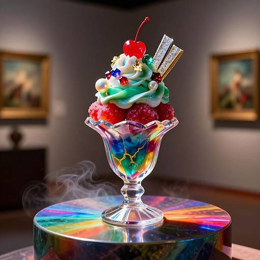 Photograph of a colorful dessert glass with whipped cream, cherries, stars, and sparkly sticks, on a rainbow-lit surface in an art