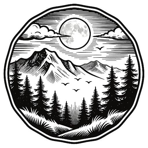 Vintage Ink Mountain Night Scene