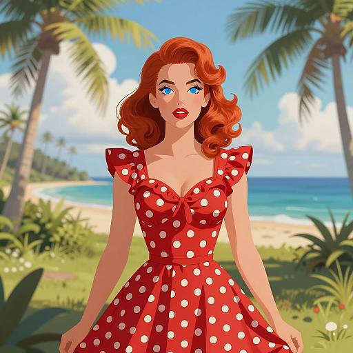 Retro Woman in Red Polka Dot Dress by Tropical Beach