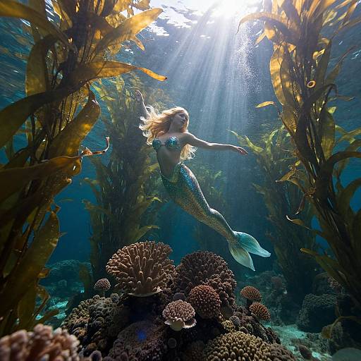 Photograph of a mermaid with blonde hair and shimmering green tail, swimming amidst sunlit underwater kelp, coral, and fish.
