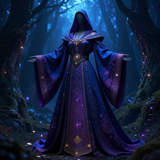 Mysterious blue-robed figure with wide sleeves and intricate patterns, standing in a glowing, enchanted forest. Ethereal, illuminated background. Digital artwork.