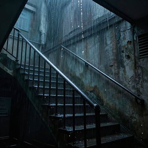 Photograph of a dimly lit, rainy urban stairway with metal railings, wet steps, and intense blue lighting, creating a moody,