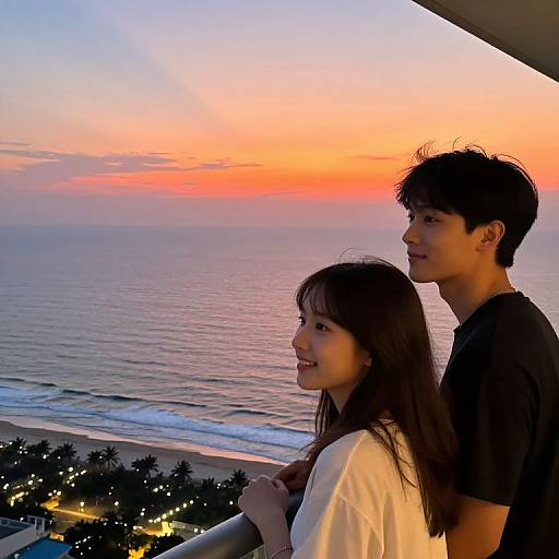 Photograph of a smiling Asian couple standing on a balcony at sunset, overlooking a serene ocean with a vibrant orange and purple sky.