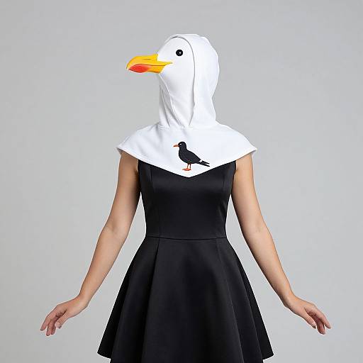 Photograph of a woman wearing a white duck mask with a yellow beak, black dress, and small black bird silhouette on mask, standing against a
