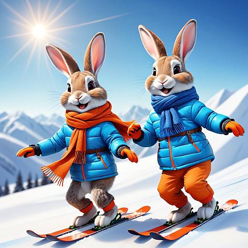 Cartoon Rabbits Skiing on Snowy Mountain