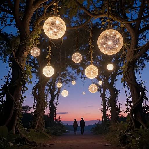 Photograph of a twilight forest path with hanging glowing glass orbs, silhouetted trees, and two figures walking towards a pink and blue sunset horizon