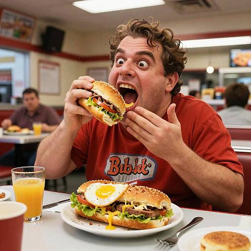 Man Eating Large Breakfast Sandwich in Diner