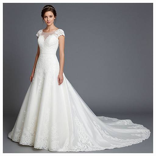 Photograph of a slender, fair-skinned woman with dark hair in an elegant, white, lace-embellished wedding gown with a short,