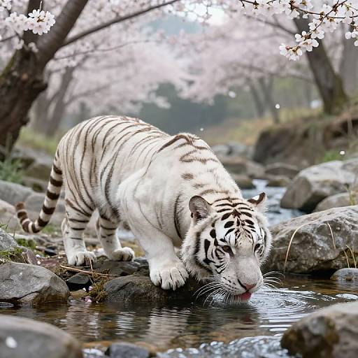 Photograph of a white tiger drinking from a rocky stream, surrounded by blooming cherry blossoms under a bright, sunny sky.