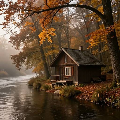 Photograph of a small, dark wooden cabin on stilts by a tranquil, reflective river, surrounded by autumn trees with orange and brown leaves. Mist