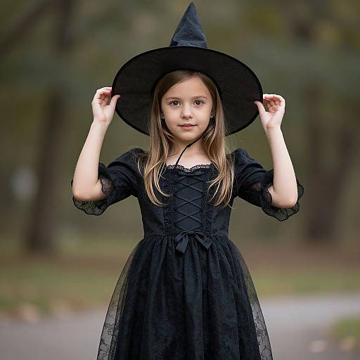 Photograph of a young girl with long brown hair, wearing a black witch hat and dress, holding the hat's brim, standing in a blurred