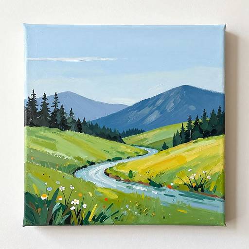 Vibrant digital painting of a winding river through green hills, yellow meadows, and pine forests, with distant blue mountains under a clear sky.