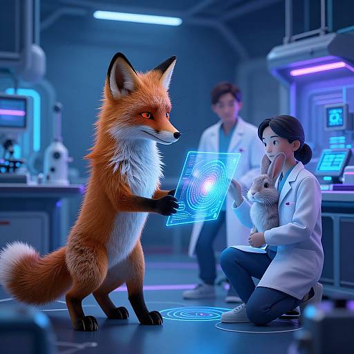 CGI image of a red fox with glowing eyes interacting with a holographic spiral on a lab floor, a scientist in white coat examines a small white