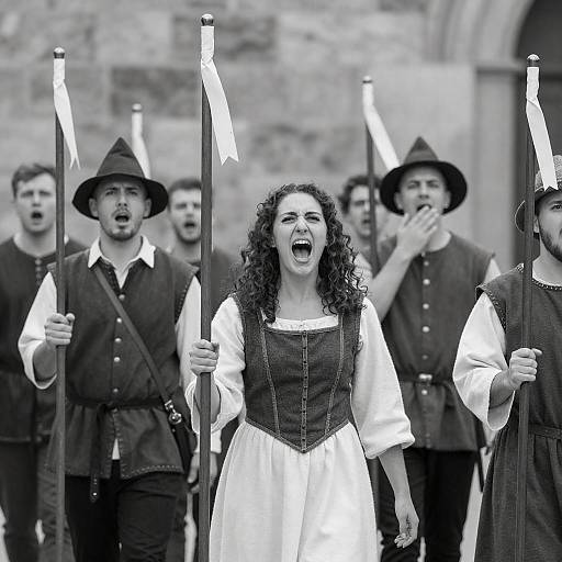 Medieval Group Shouting with Flags in Black and White