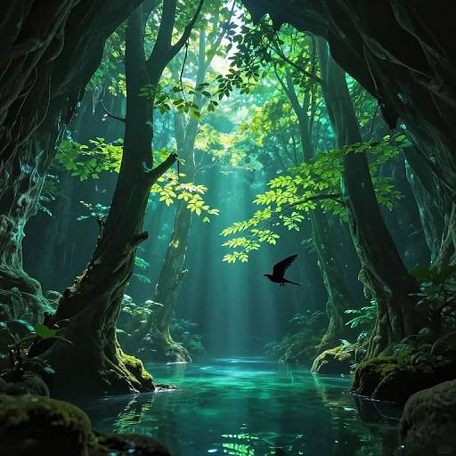Photorealistic digital art of a mystical forest with glowing green leaves, towering twisted trees, a serene blue-green stream, and a black bird flying above