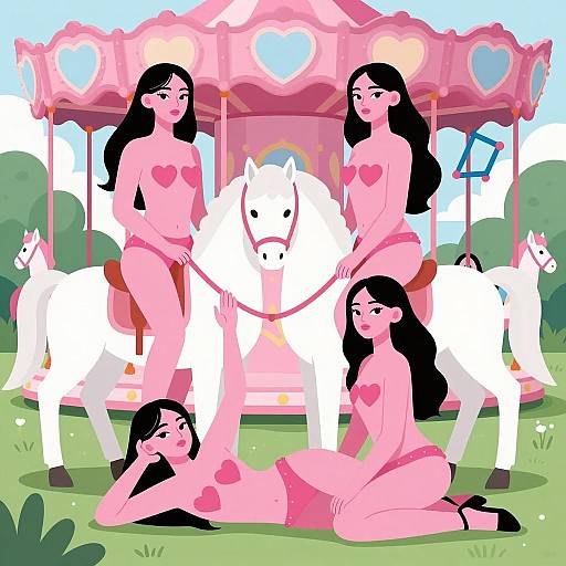 Colorful Carousel Scene with Women