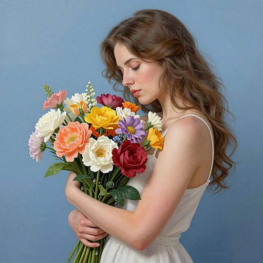 Photograph of a young woman with long, wavy brown hair, wearing a white dress, holding a colorful bouquet of flowers against a blue background.
