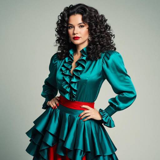 Woman in Ruffled Teal Silk Outfit