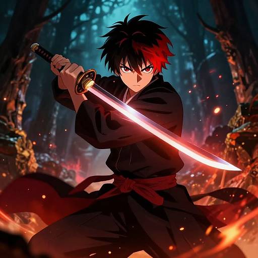 Anime-style digital drawing of a black-haired, red-eyed male warrior with a glowing sword, standing in a dark, fiery forest.