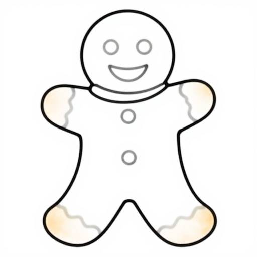 Simple line drawing of a smiling gingerbread man with three white buttons, slightly blushed hands and feet, on a white background.