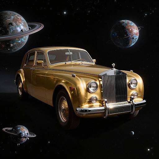 Photograph-style CGI: Golden vintage luxury car with chrome grille and headlights, floating in space among three colorful, ringed planets.