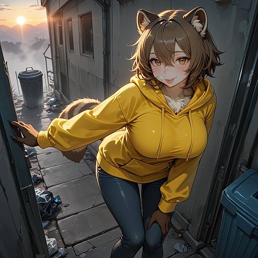 Anthro Raccoon Girl in Yellow Hoodie at Sunrise