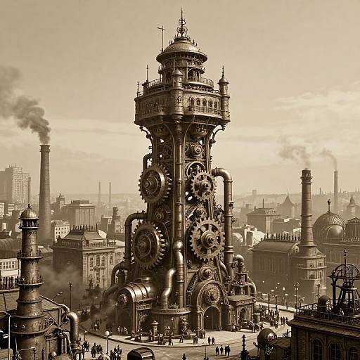Sepia-toned steampunk industrial cityscape with a massive, intricate, gear-filled clock tower emitting smoke, surrounded by smaller factories and chimneys