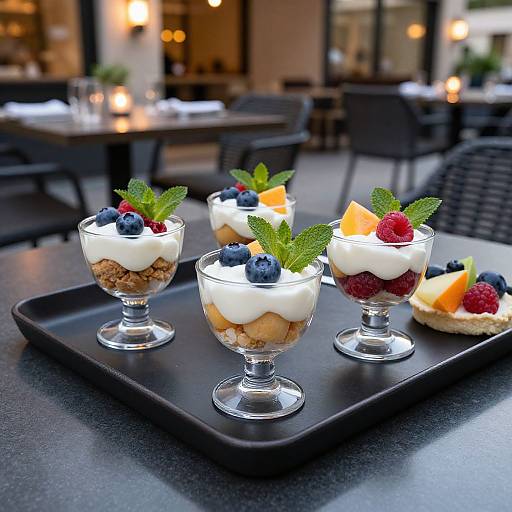Photograph of four dessert glasses on a black tray, each topped with whipped cream, blueberries, raspberries, mint, and orange slices, on