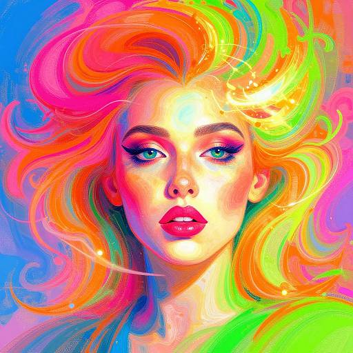 Vibrant digital portrait of a woman with bright, multicolored, swirling hair, bold pink lips, and striking blue eyes against a vivid rainbow