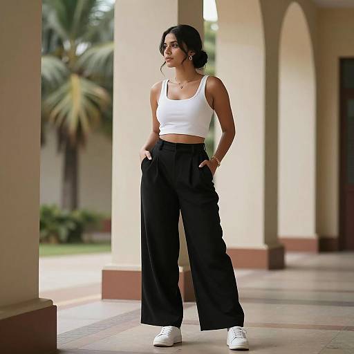 Chic Woman Posing Near Columns