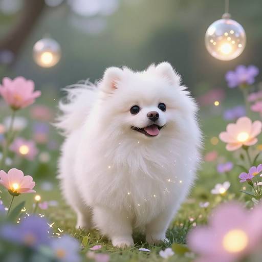 Whimsical Fluffydog in Fantasy Garden