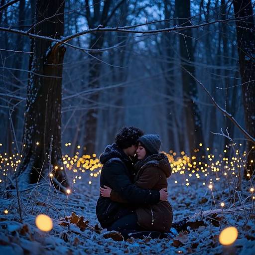 Photograph of a couple kissing in a snowy forest at night, surrounded by glowing fairy lights, with blue twilight sky.