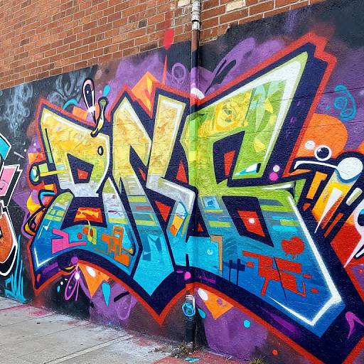 Vibrant graffiti mural on a brick wall, featuring bold, colorful letters in yellow, blue, green, and orange with black outlines.