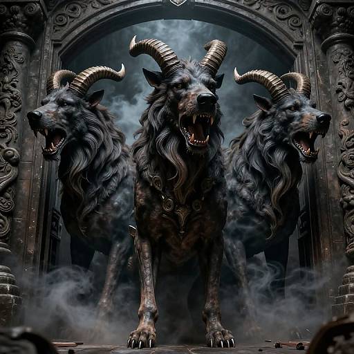 Digital artwork of three dark, menacing, three-headed black wolves with large horns, standing in an ornate, gothic archway, exhaling smoke