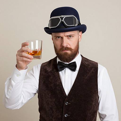 Photograph of bearded man with black bowler hat, aviator goggles, white shirt, black vest, bow tie, holding whiskey glass. Serious