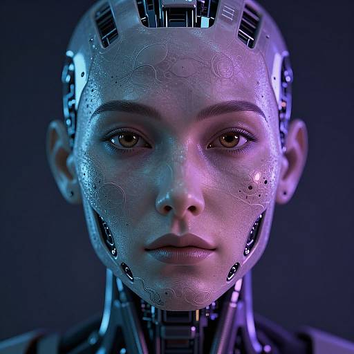 CGI close-up of a cybernetic woman with glowing blue and purple lighting, featuring a detailed, textured synthetic face, exposed wires, and mechanical