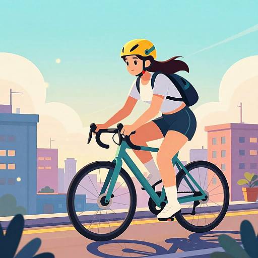 Digital illustration of a young woman with long black hair, wearing a yellow helmet, white shirt, black shorts, and backpack, cycling on a city street
