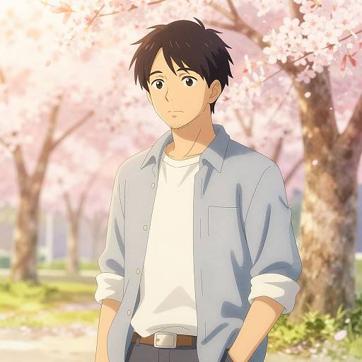 Anime-style digital drawing of a young man with black hair, wearing a light blue shirt over a white tee, standing in a sunlit cherry blossom park