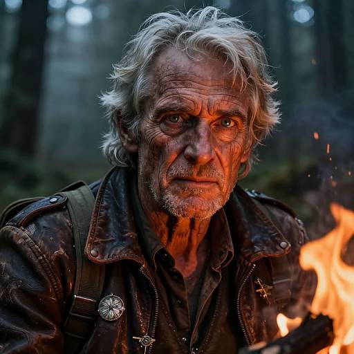 Photograph of an elderly man with weathered face, grey hair, and intense gaze, wearing a dark leather jacket, standing by a bright campfire