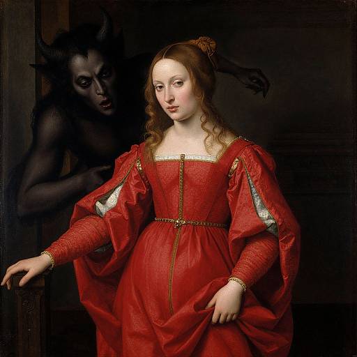 Renaissance portrait of a fair-skinned woman in a red, embroidered gown with gold trim, dark-haired, serene expression, shadowy demonic figure