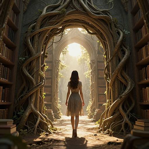 Photograph-like CGI: Woman in white dress walks through sunlit, arched library tunnel framed by twisted, vine-covered trees, books on shelves.