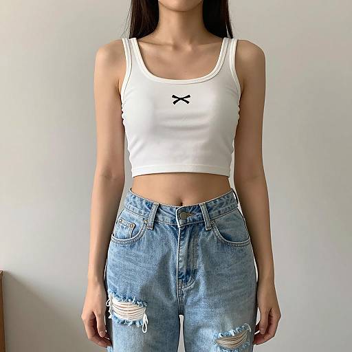Young woman in white crop top and ripped jeans