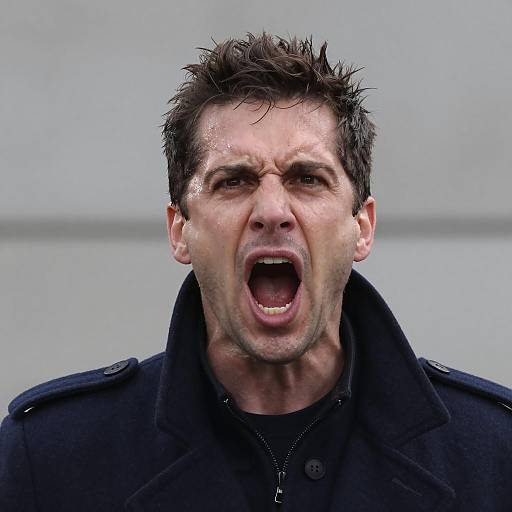 Sweaty Man Shouting with Intense Expression