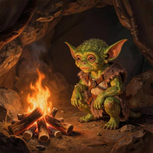Goblin Creature by Campfire in Cave