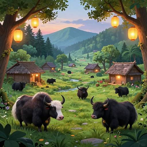 Digital illustration of a serene, lantern-lit village at sunset, featuring fluffy black and white yaks grazing around traditional wooden huts, with lush green