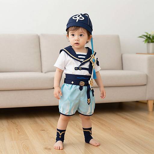 Photograph of a cute baby boy in a nautical-themed outfit, including a navy cap, white shirt, blue shorts, and black leg bands,