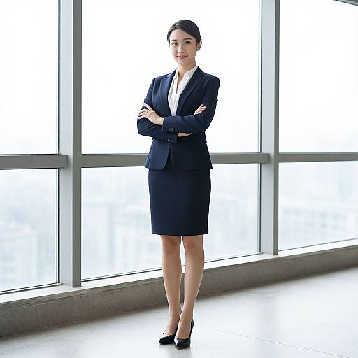 Photograph of a confident Asian woman with fair skin, black hair in a bun, wearing a navy blazer, white blouse, black skirt, and