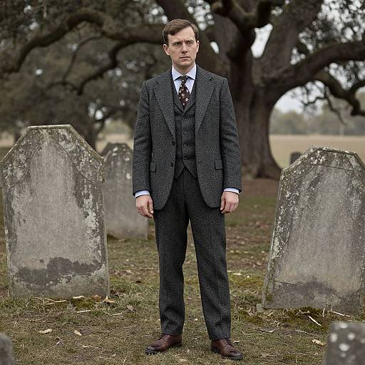 Photograph of a serious, fair-skinned man in a dark grey tweed suit, white shirt, and patterned tie, standing in a graveyard